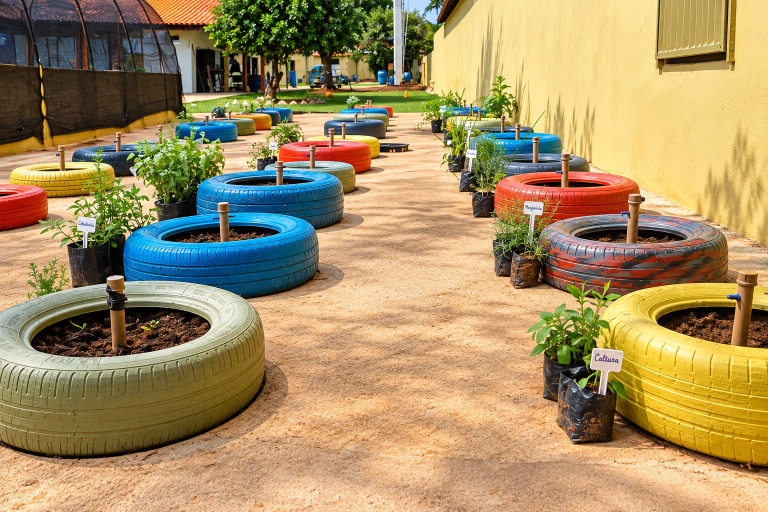 Horta Comunitária com Pneus Coloridos